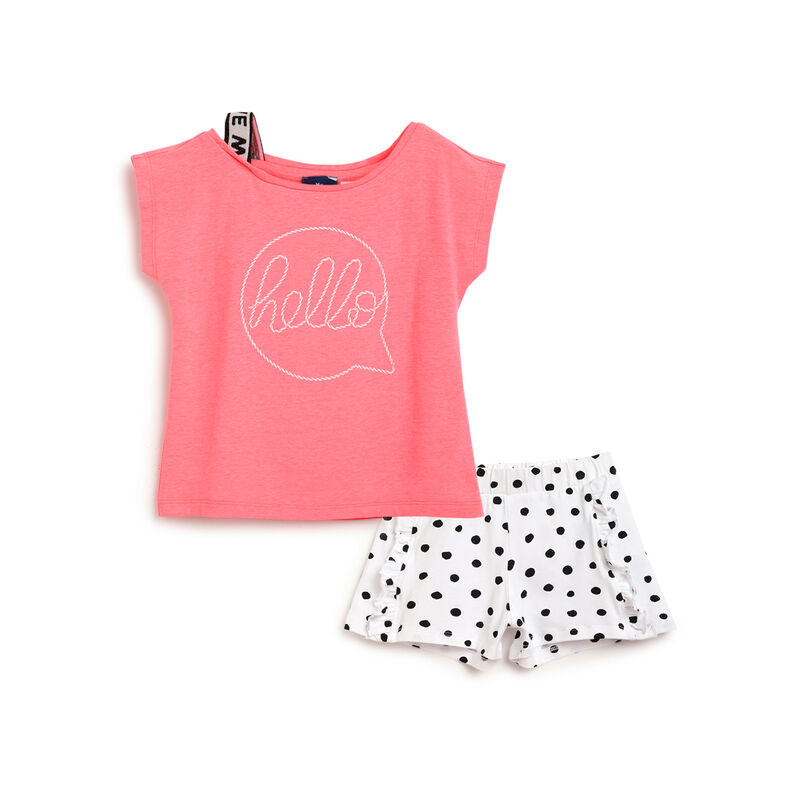 Girls White and Pink Printed Outfit with Short Pants image number 0